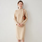 Womens Cashmere Cable Knit Midi Dress Long Sleeve Mock Neck Dress Beige XS