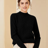 Womens Mock Neck Cashmere Sweater Cable - Knit Cashmere Pullover Black XS
