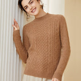 Womens Mock Neck Cashmere Sweater Cable - Knit Cashmere Pullover Camel XS