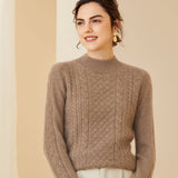 Womens Mock Neck Cashmere Sweater Cable - Knit Cashmere Pullover Taupe XS