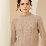 Womens Crew Neck Long Sleeve Cable Knit Cashmere Sweater Camel XS