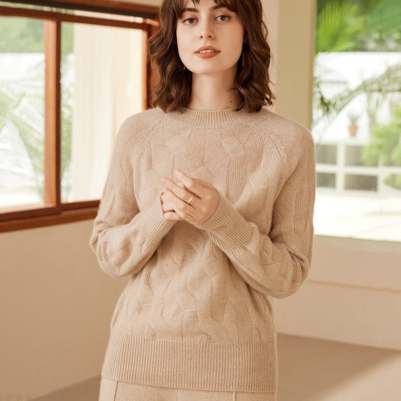 Womens Mock Neck Cashmere Sweater Cable - Knitted Cashmere Pullover Beige XS