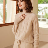 Womens Mock Neck Cashmere Sweater Cable - Knitted Cashmere Pullover Beige XS