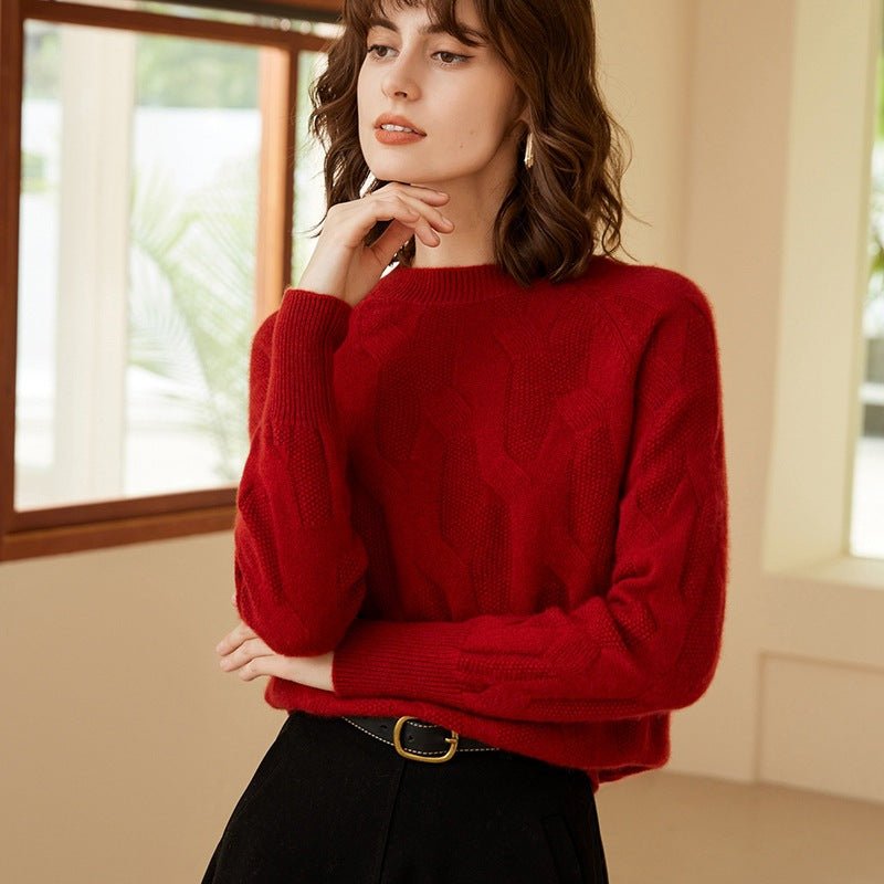 Womens Mock Neck Cashmere Sweater Cable - Knitted Cashmere Pullover Claret XS