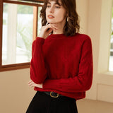 Womens Mock Neck Cashmere Sweater Cable - Knitted Cashmere Pullover Claret XS