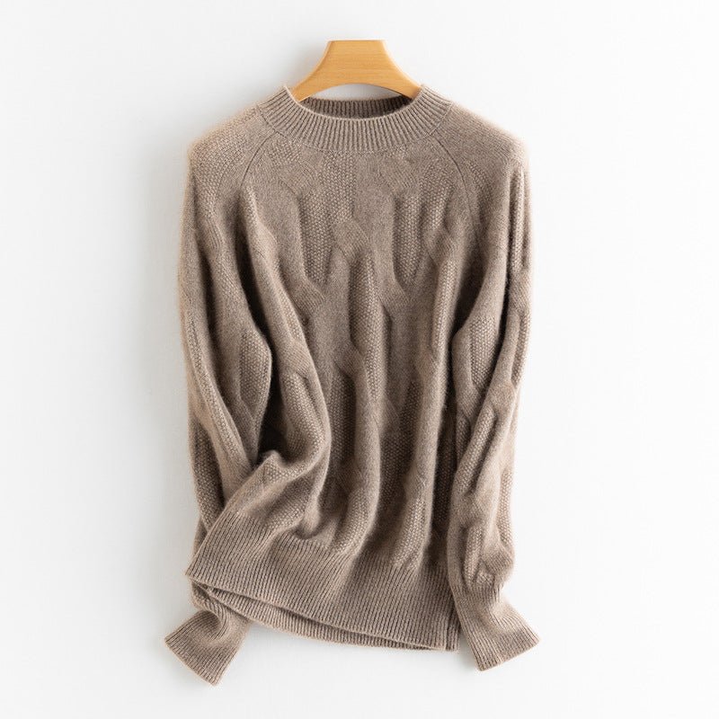 Womens Mock Neck Cashmere Sweater Cable - Knitted Cashmere Pullover Taupe XS