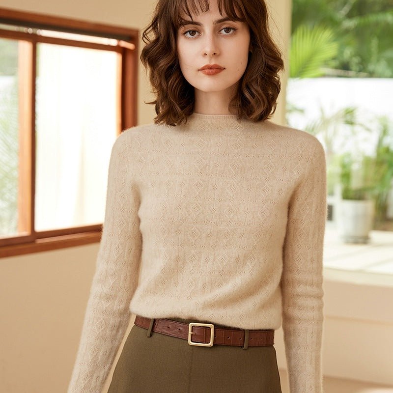 Womens Mock Neck Cashmere Sweater Cut - out 100% Cashmere Pullover Beige XS