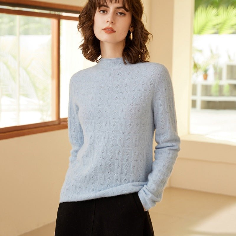 Womens Mock Neck Cashmere Sweater Cut - out 100% Cashmere Pullover Blue XS