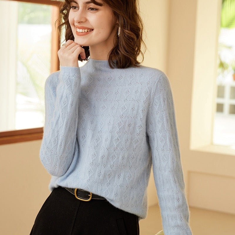 Womens Mock Neck Cashmere Sweater Cut - out 100% Cashmere Pullover Blue XS