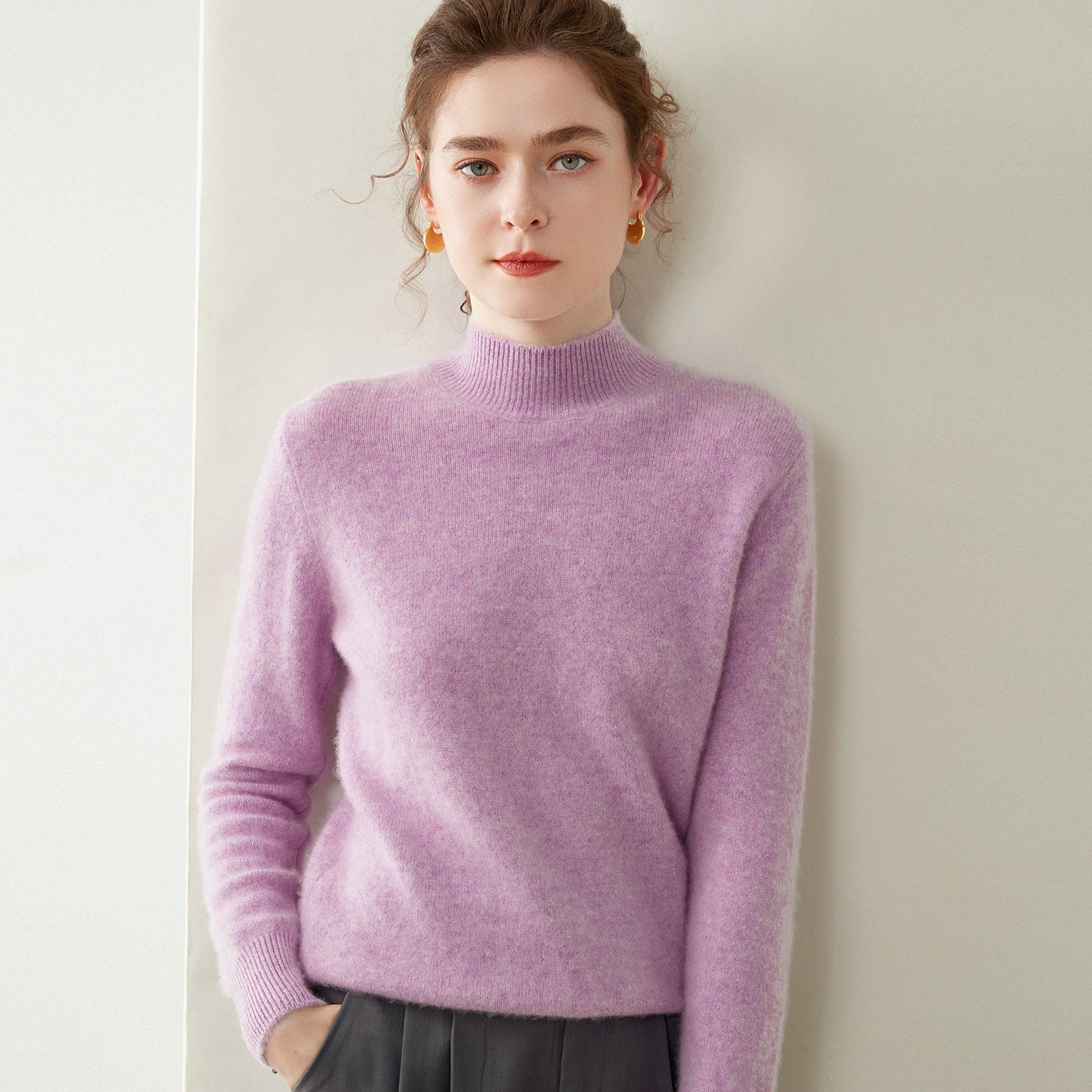 Womens Mock Neck Cashmere Sweater Long Sleeve Cashmere Pullover Multi Colors Purple XS