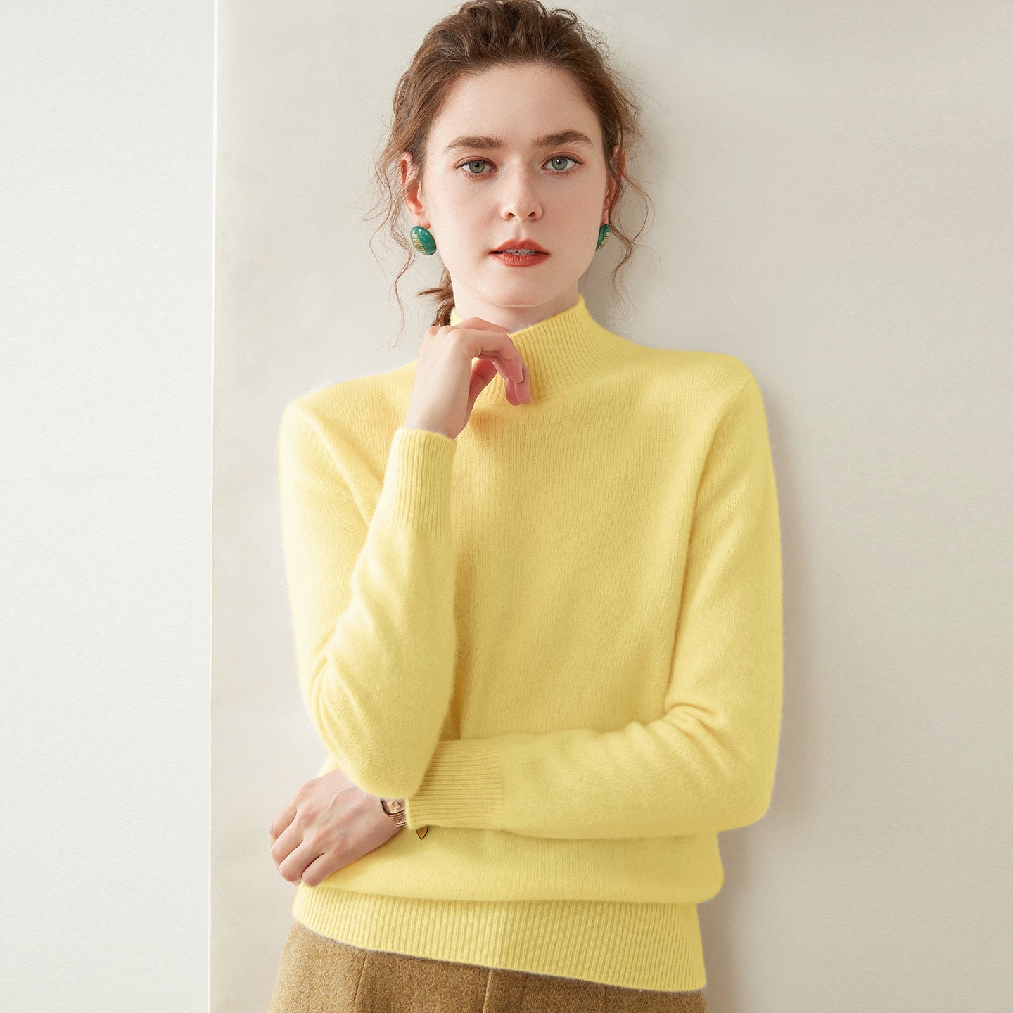 Womens Mock Neck Cashmere Sweater Long Sleeve Cashmere Pullover Multi Colors Yellow XS