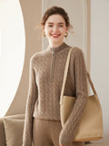 Women Cable Knit Cashmere Sweater Zip Collar Half Zip - up Cashmere Tops Taupe XS