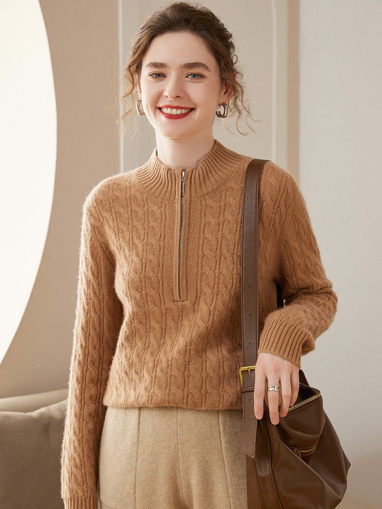 Women Cable Knit Cashmere Sweater Zip Collar Half Zip - up Cashmere Tops Camel XS