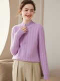 Women Cable Knit Cashmere Sweater Zip Collar Half Zip - up Cashmere Tops Purple XS