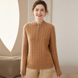 Women Cable Knit Cashmere Sweater Zip Collar Half Zip - up Cashmere Tops Camel XS