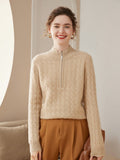Women Cable Knit Cashmere Sweater Zip Collar Half Zip - up Cashmere Tops Beige XS