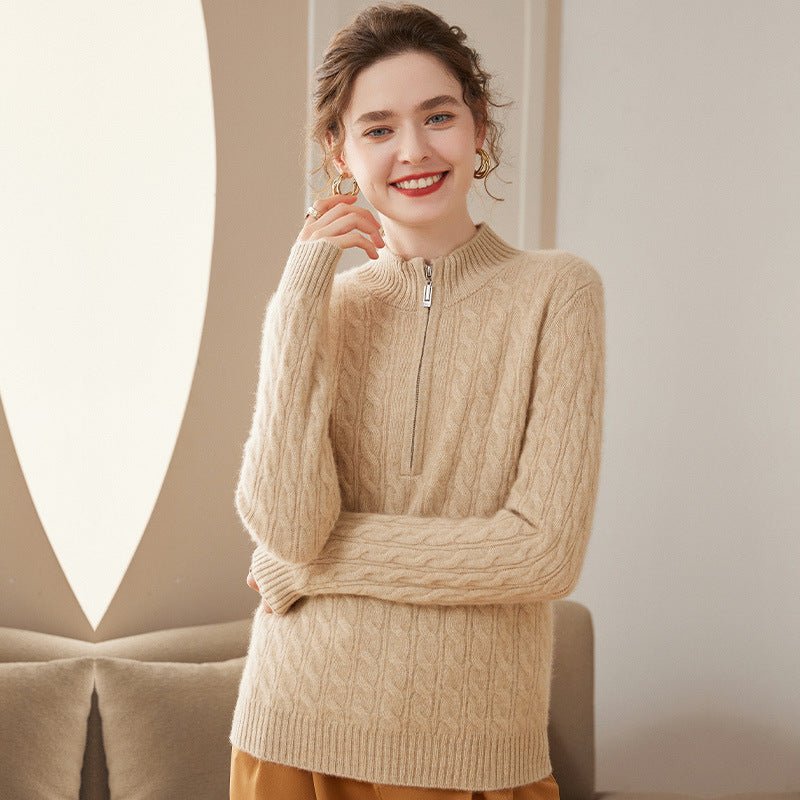Women Cable Knit Cashmere Sweater Zip Collar Half Zip - up Cashmere Tops Beige XS
