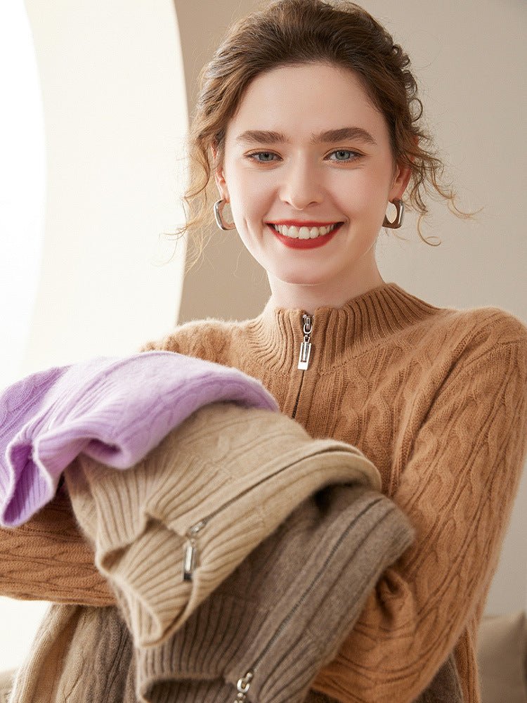 Women Cable Knit Cashmere Sweater Zip Collar Half Zip - up Cashmere Tops Camel XS