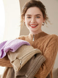 Women Cable Knit Cashmere Sweater Zip Collar Half Zip - up Cashmere Tops Camel XS