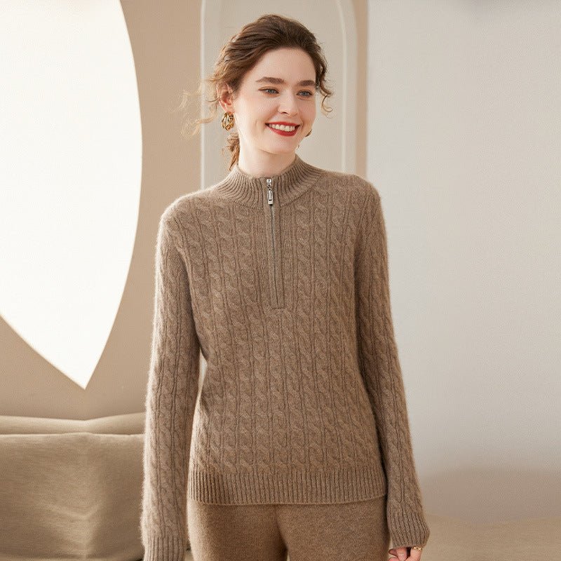 Women Cable Knit Cashmere Sweater Zip Collar Half Zip - up Cashmere Tops Taupe XS