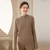 Women Cable Knit Cashmere Sweater Zip Collar Half Zip - up Cashmere Tops Taupe XS