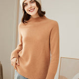 Womens Mock Neck Cashmere Sweater Ribbed Trim Cashmere Pullover Camel XS