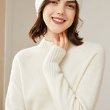 Womens Mock Neck Cashmere Sweater Ribbed Trim Cashmere Pullover Ivory XS