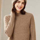 Womens Mock Neck Cashmere Sweater Ribbed Trim Cashmere Pullover Taupe XS