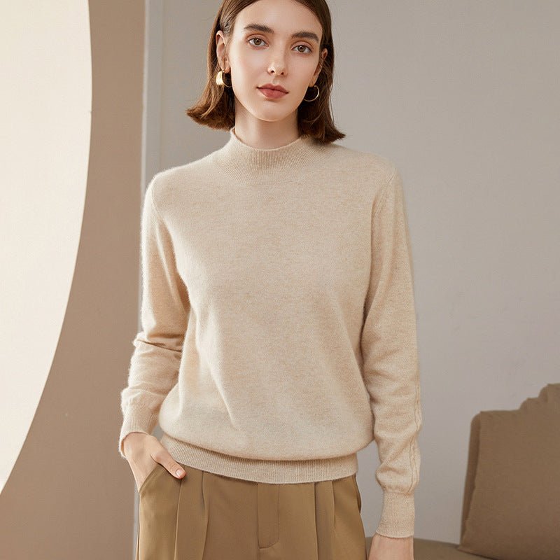 Womens Mock Neck Cashmere Sweater Knitted Cashmere Pullover Beige XS