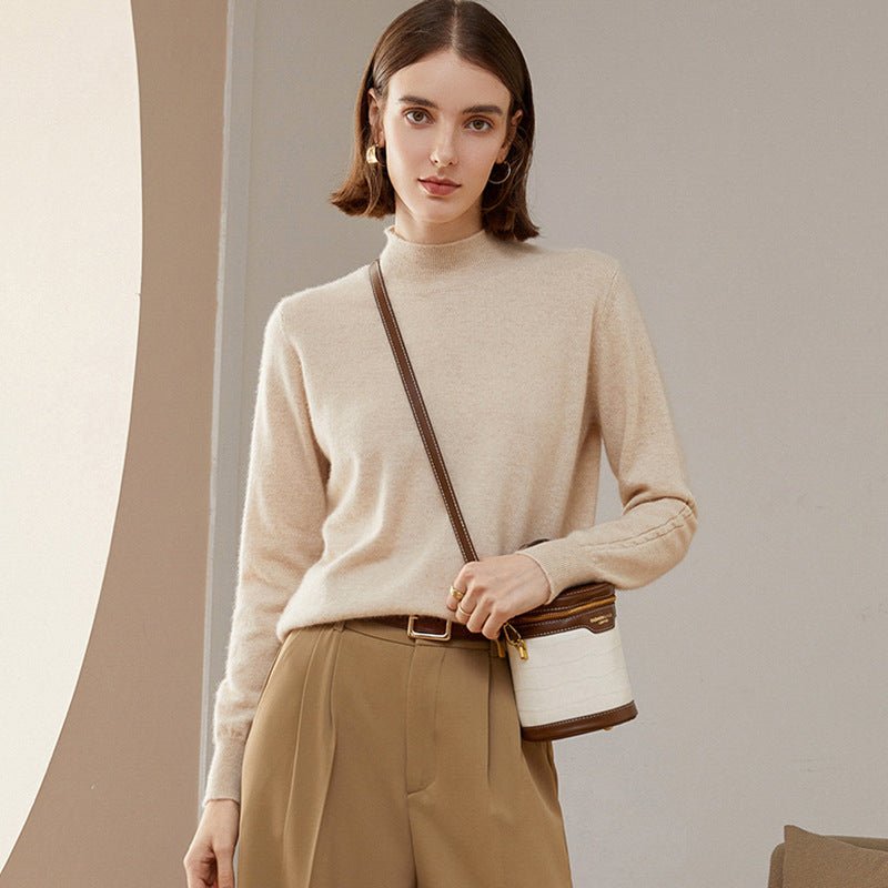 Womens Mock Neck Cashmere Sweater Knitted Cashmere Pullover Beige XS