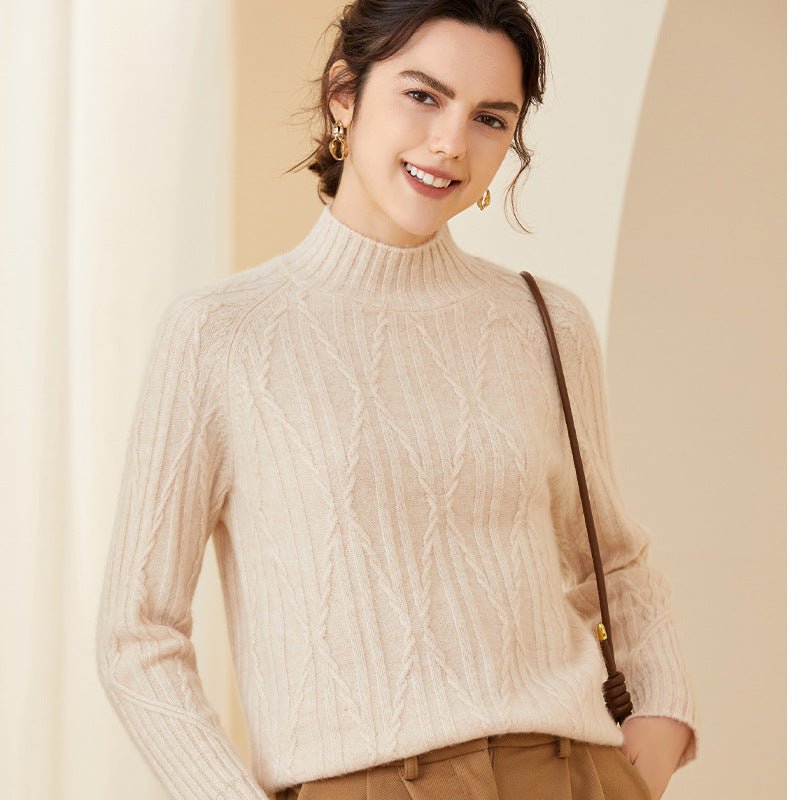 Womens Crew Neck Textured Cable Knit Long Sleeve Cashmere Sweater Ivory XS