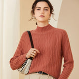 Womens Crew Neck Textured Cable Knit Long Sleeve Cashmere Sweater Camel XS