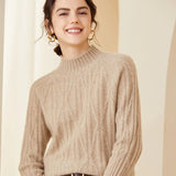 Womens Crew Neck Textured Cable Knit Long Sleeve Cashmere Sweater Beige XS