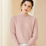 Womens Crew Neck Textured Cable Knit Long Sleeve Cashmere Sweater Pink XS