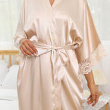 Womens Long Silk Robe Lace Trim Belted Silk Kimono Silk Bathrobe Champagne One size fits most