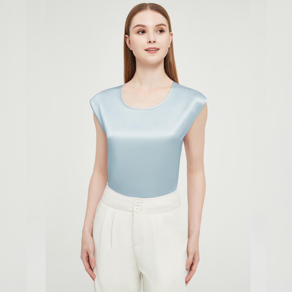 Womens Mulberry Silk Blouse Cap Sleeves Lady Silk Tee Haze Blue XS