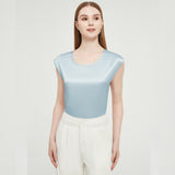 Womens Mulberry Silk Blouse Cap Sleeves Lady Silk Tee Haze Blue XS