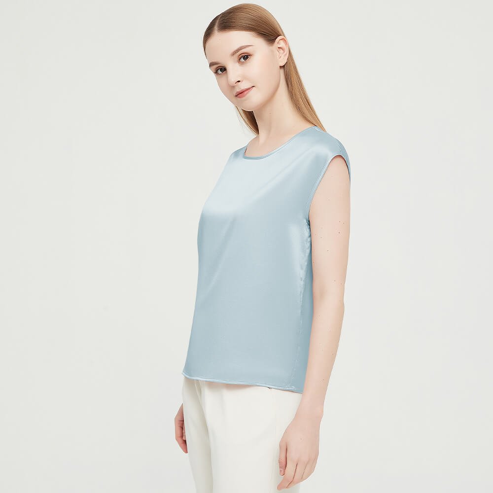 Womens Mulberry Silk Blouse Cap Sleeves Lady Silk Tee Haze Blue XS