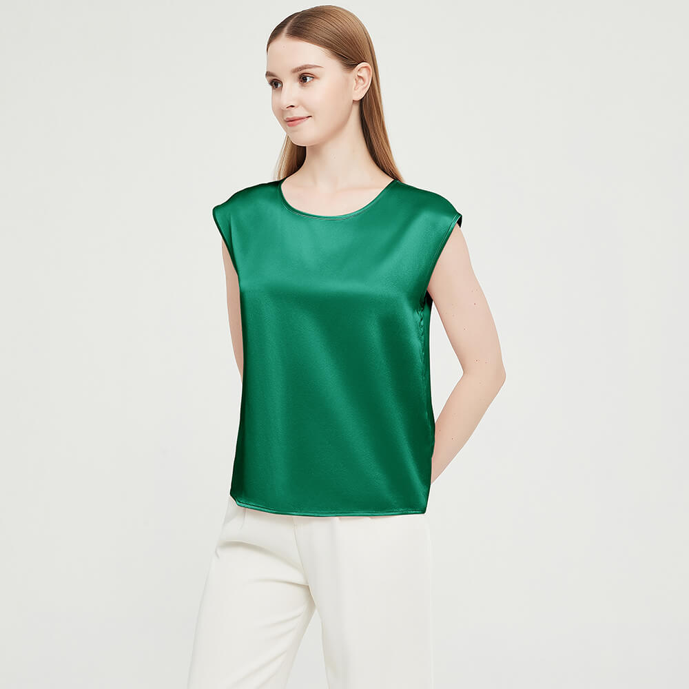 Womens Mulberry Silk Blouse Cap Sleeves Lady Silk Tee Green XS