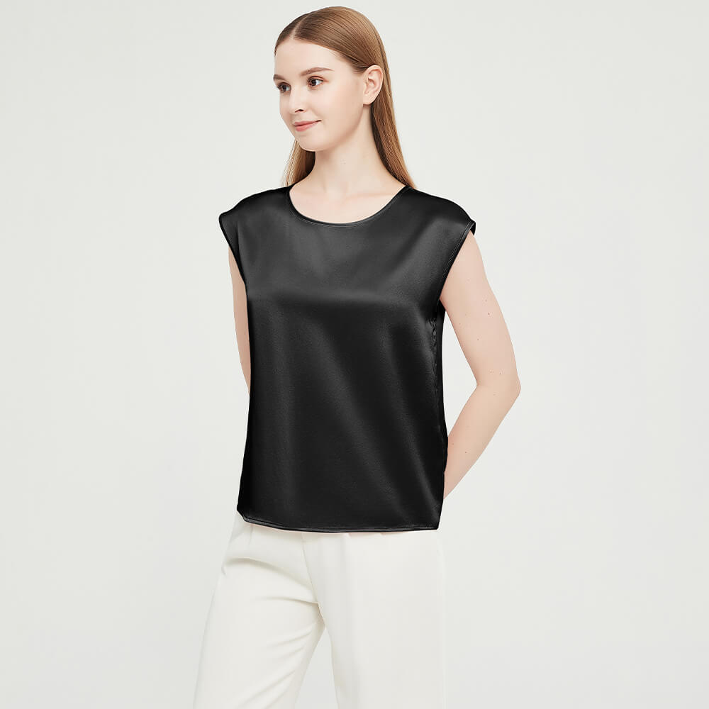 Womens Mulberry Silk Blouse Cap Sleeves Lady Silk Tee Black XS