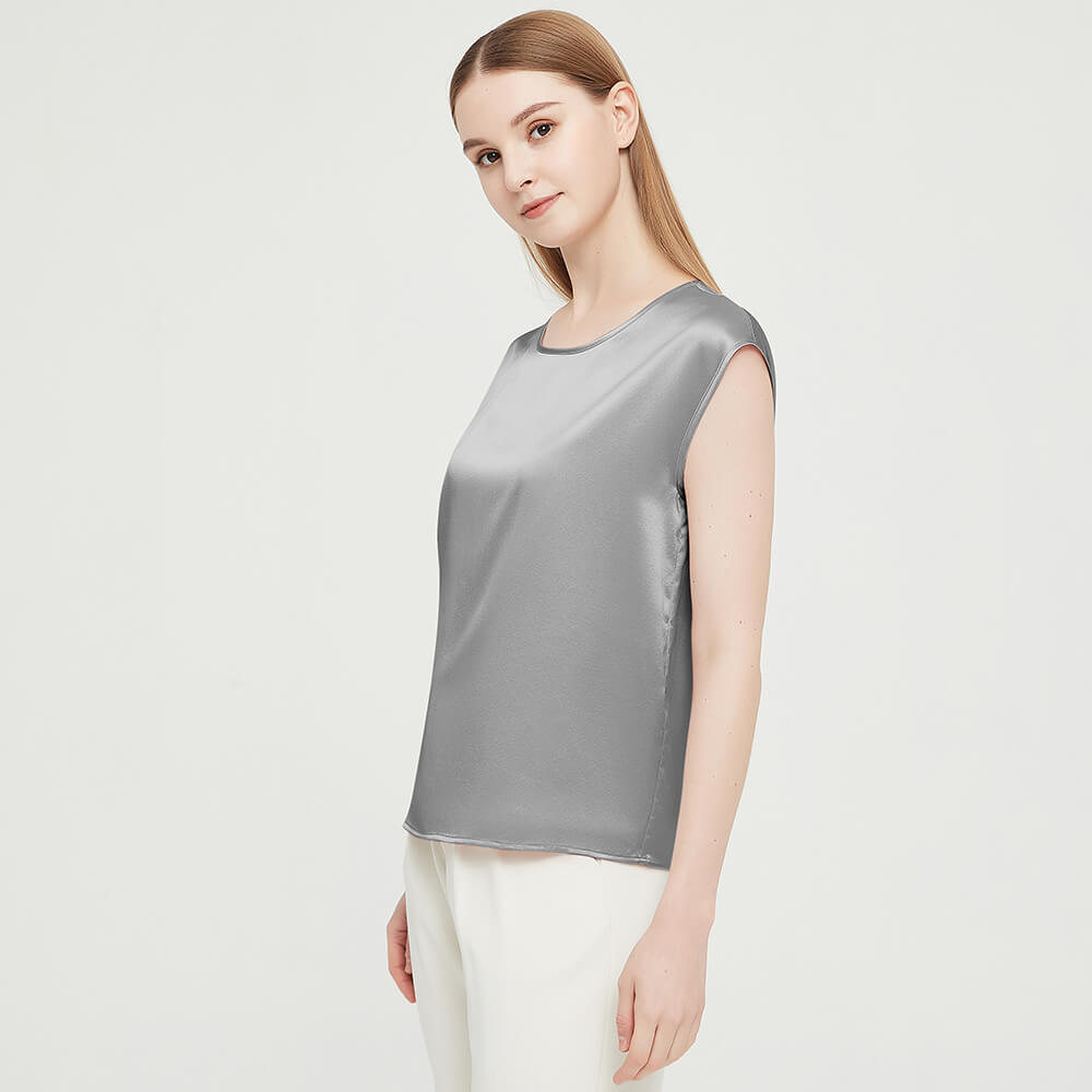 Womens Mulberry Silk Blouse Cap Sleeves Lady Silk Tee Dark Gray XS