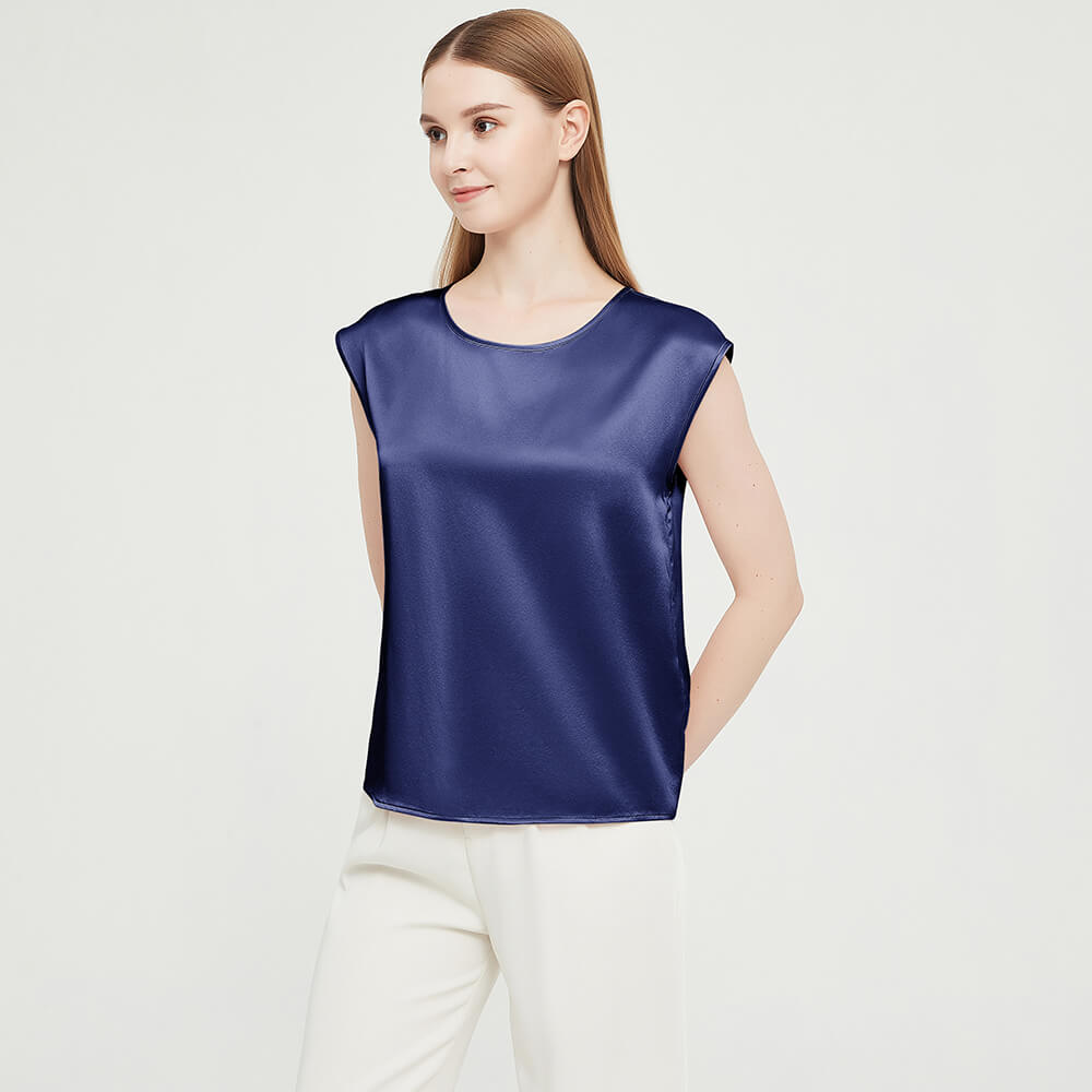 Womens Mulberry Silk Blouse Cap Sleeves Lady Silk Tee Navy Blue XS