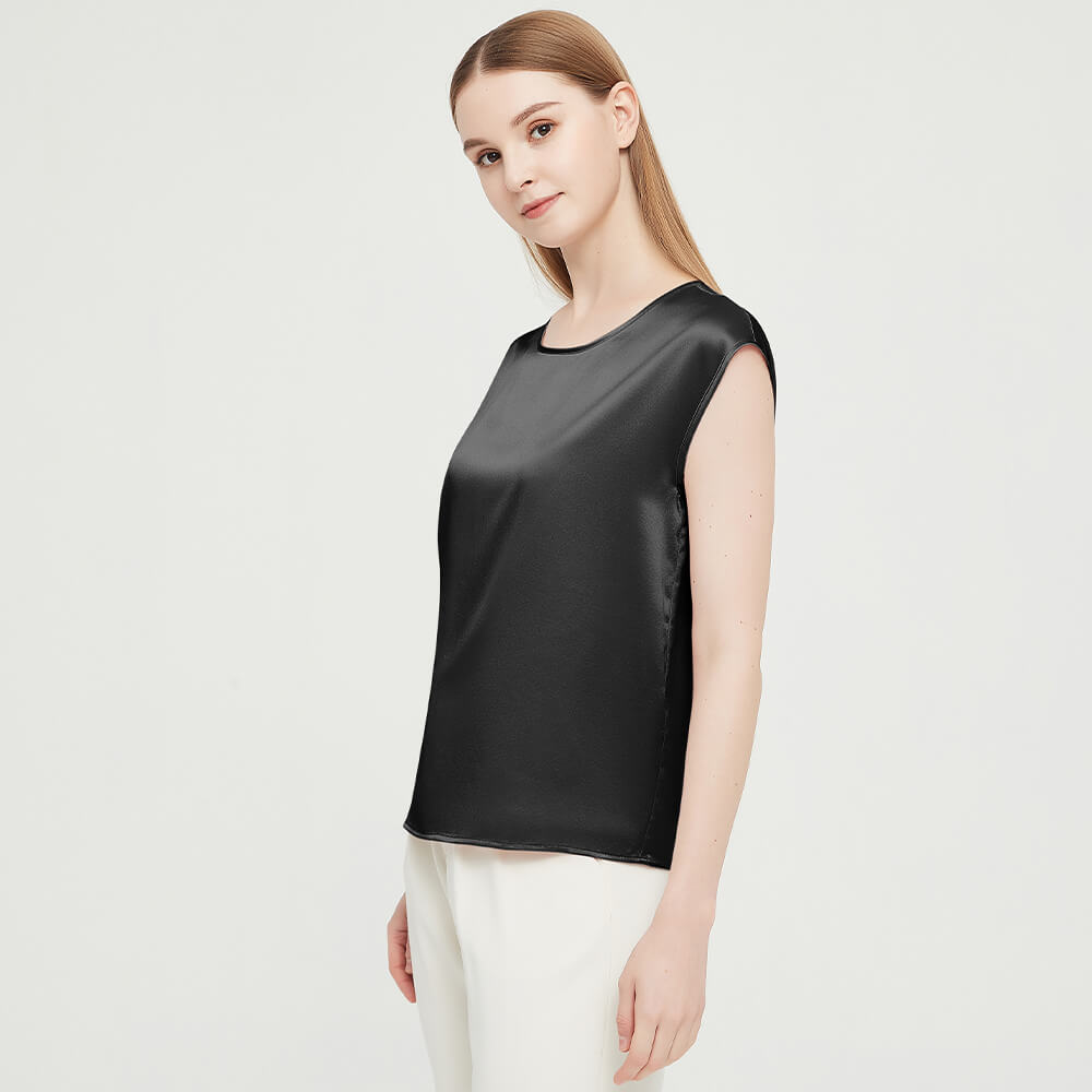 Womens Mulberry Silk Blouse Cap Sleeves Lady Silk Tee Black XS