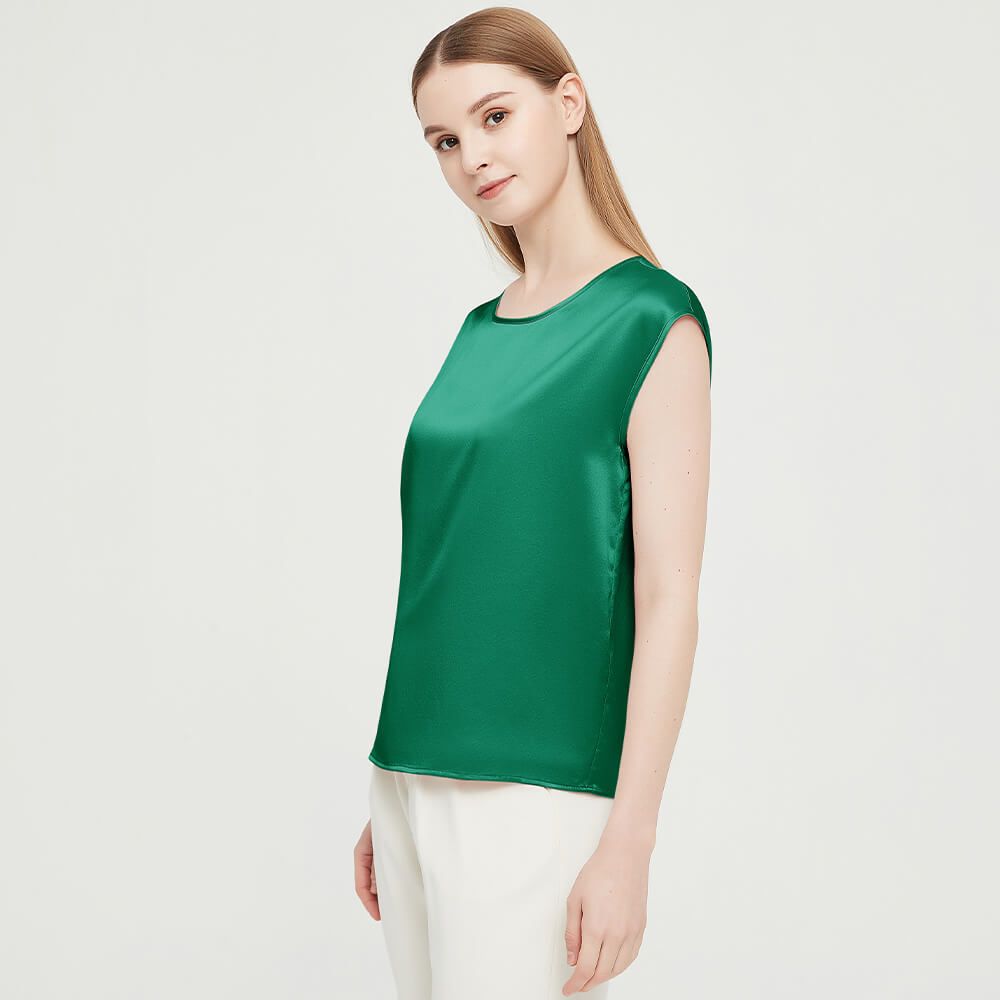Womens Mulberry Silk Blouse Cap Sleeves Lady Silk Tee Green XS