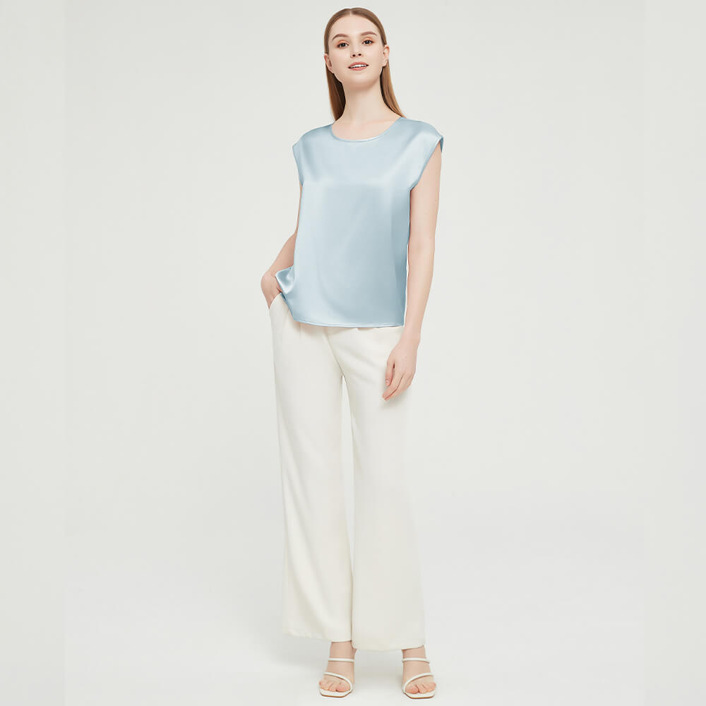 Womens Mulberry Silk Blouse Cap Sleeves Lady Silk Tee Haze Blue XS