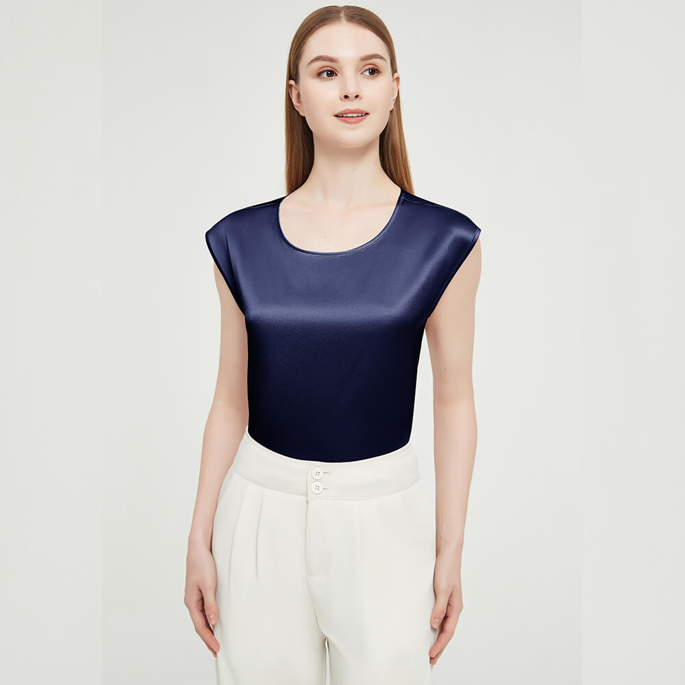 Womens Mulberry Silk Blouse Cap Sleeves Lady Silk Tee Navy Blue XS