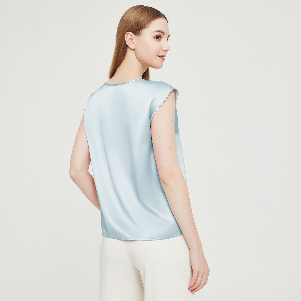 Womens Mulberry Silk Blouse Cap Sleeves Lady Silk Tee Haze Blue XS