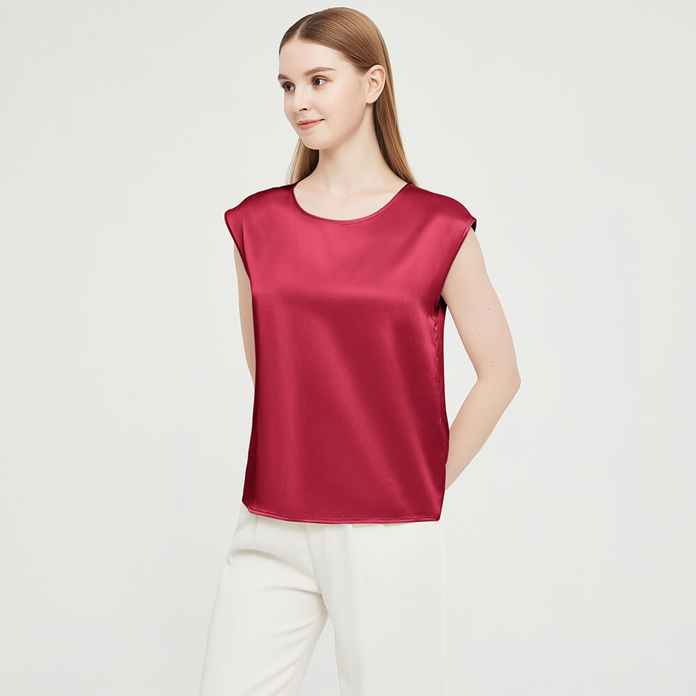 Womens Mulberry Silk Blouse Cap Sleeves Lady Silk Tee Claret XS