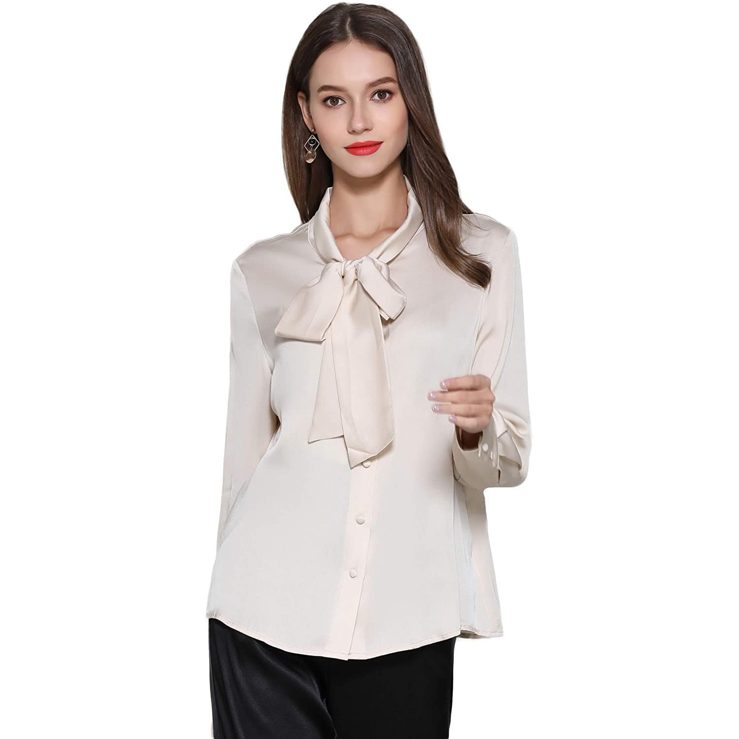 Silk Blouses for Women Bow Tie Neck Silk Button Down Shirt Beige XS