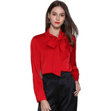 Silk Blouses for Women Bow Tie Neck Silk Button Down Shirt Claret XS